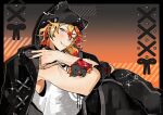  1boy animal_hat axel_syrios axel_syrios_(2nd_costume) axelotl_(axel_syrios) axolotl black_border black_choker blonde_hair blue_eyes blush border choker crossed_arms earrings english_commentary fang hat highres hiimtae_sb holostars holostars_english jacket jacket_on_shoulders jewelry knees_up looking_at_viewer male_focus multicolored_hair nail_polish one_eye_closed open_clothes open_jacket outline red_hair red_nails short_hair sitting smile solo two-tone_hair v virtual_youtuber white_outline 