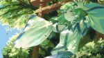  1girl armpits arms_up blue_hairband blue_skirt branch bush collared_shirt falling_leaves frog_hair_ornament green_eyes green_hair hair_ornament hair_tubes hairband highres holding holding_branch kochiya_sanae leaf light_blush light_smile long_hair mushiao shirt single_hair_tube skirt snake_hair_ornament solo standing torii touhou tree wide_sleeves wind 