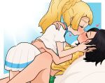  2girls black_hair blonde_hair blush braid closed_eyes day dress girl_on_top hands_on_another&#039;s_face highres kiss lillie_(pokemon) long_hair multiple_girls outdoors pokemon pokemon_sm ponytail selene_(pokemon) shirt short_hair shorts skirt sunlight t-shirt yuri 