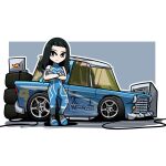  1girl black_hair blue_bodysuit blue_eyes bodysuit boots cable car commission crossed_arms english_commentary grey_footwear highres holeecrab hot_wheels hot_wheels:_acceleracers lani_tam logo long_hair motor_vehicle second-party_source shadow sleeveless sleeveless_bodysuit smile solo wheel 