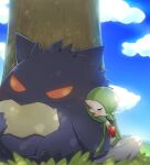  against_tree blue_sky blush bob_cut bobo_(bobo_77s) closed_eyes cloud dress gardevoir gengar ghost grass green_hair holding holding_hands holding_map map on_grass orange_eyes pokemon pokemon_(creature) pokemon_mystery_dungeon sitting sky smile tree tree_shade white_dress 