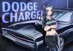  1girl black_hair black_panties black_pants black_shirt blue_eyes breasts car cargo_pants cropped_shirt crossed_arms dodge_(company) dodge_charger engine frown highres looking_at_viewer medium_breasts midriff motor_vehicle mugi_(marineblue134) muscle_car navel original panties pants shirt short_hair solo thong underwear vehicle_name 