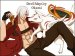  1boy abs amaterasu capcom copyright_name creator_connection dante dante_(devil_may_cry) devil_may_cry devil_may_cry_3 food hitorishizuka_gozen long_coat longcoat muscle ookami_(game) pizza white_hair 