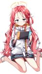  1girl blue_archive blue_eyes blush bow closed_mouth hair_bow halo handheld_game_console highres holding holding_handheld_game_console jacket long_hair long_sleeves looking_at_viewer orange_halo red_hair sabana sitting slippers solo wariza white_bow white_jacket yuzu_(blue_archive) 