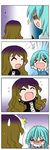  &gt;_&lt; 2girls 4koma :d ^_^ absurdres blue_hair brown_hair chibi closed_eyes comic flying_sweatdrops gradient gradient_background gradient_hair highres hijiri_byakuren multicolored_hair multiple_girls open_mouth purple_hair rakugaki-biyori screaming shaded_face siddham silent_comic smile sparkle sweatdrop tatara_kogasa tearing_up touhou trembling tsukumogami xd 