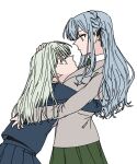  2girls a_jak bang_dream! bang_dream!_it&#039;s_mygo!!!!! black_ribbon blue_hair blue_serafuku blue_shirt blue_skirt braid closed_mouth commentary cowboy_shot crown_braid eye_contact green_hair green_necktie green_skirt grey_jacket hair_ribbon hand_on_another&#039;s_head haneoka_school_uniform highres hug jacket korean_commentary long_hair long_sleeves looking_at_another multiple_girls necktie pleated_skirt ribbon school_uniform serafuku shirt sidelocks simple_background skirt togawa_sakiko tsukinomori_school_uniform two_side_up wakaba_mutsumi white_background white_shirt yellow_eyes yuri 