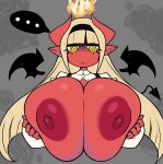 absurd_res areola big_breasts blonde_hair breasts demon demon_humanoid demonea_(rariatoo) ellipsis female fire hair hi_res holding_breast huge_breasts humanoid humanoid_pointy_ears long_hair looking_at_viewer nipples pointed_tail red_areola red_body red_nipples red_skin solo speech_bubble thanuki winged_humanoid wings yellow_eyes