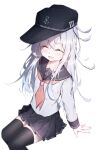  1girl absurdres anchor_symbol black_hat black_sailor_collar black_skirt black_thighhighs blush closed_eyes dfd feet_out_of_frame flat_cap grey_hair hair_between_eyes hat hibiki_(kancolle) highres kantai_collection long_hair long_sleeves neckerchief open_mouth pleated_skirt red_neckerchief sailor_collar school_uniform serafuku simple_background skirt smile solo thighhighs white_background 