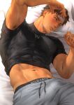  1boy armpit_hair bara bed black_shirt blue_eyes blush brown_hair clothes_lift covered_nipples grey_pants highres holding holding_thermometer jim_(mondi_hl) large_pectorals lying male_focus male_underwear male_underwear_peek mondi_hl muscular muscular_male navel on_back on_bed original pants parted_lips pectorals shirt shirt_lift short_hair solo thermometer twitter_username underwear 