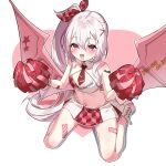  1girl alternate_costume alternate_hairstyle azur_lane bandaid bandaid_on_leg bare_shoulders bat_wings blush cheerleader collarbone commentary criss-cross_halter detached_collar english_text fang from_above hair_between_eyes halterneck high_side_ponytail highres long_hair looking_at_viewer marimo_daifuku millennium_cheerleader_outfit_(blue_archive) navel pink_eyes pleated_skirt pom_pom_(cheerleading) red_skirt shoes side_ponytail sitting skin_fang skirt slit_pupils sneakers solo stomach two-tone_skirt vampire_(azur_lane) very_long_hair wariza white_footwear white_hair white_skirt wings 