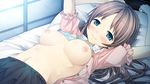  areolae arms_up bangs blue_bra blue_eyes bra bra_lift breasts brown_hair cura dutch_angle game_cg highres large_breasts long_hair looking_at_viewer lying monobeno nipples on_back on_bed open_mouth parted_bangs puffy_sleeves sawai_natsuha short_sleeves smile solo underwear 