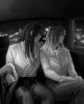  2girls breasts car_interior cleavage collared_shirt deerwhisky dress_shirt gradient_hair greyscale highres long_hair long_sleeves monochrome multicolored_hair multiple_girls pants path_to_nowhere piercing_hole rahu_(path_to_nowhere) shalom_(path_to_nowhere) shirt sidelocks sitting 