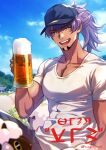  1boy alcohol baseball_cap beer beer_mug black_hat blue_sky collarbone cup facial_hair faux_text foam goatee hat highres holding holding_cup leon_(pokemon) long_hair looking_at_viewer male_focus messy_hair moge-hera mug open_mouth outdoors pectorals pokemon pokemon_(creature) pokemon_swsh purple_hair shirt short_sleeves sky teeth toned toned_male twitter_username upper_teeth_only white_shirt wooloo yellow_eyes 