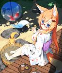  animal_ears barefoot blue_eyes breasts bucket cup food fox fox_ears fox_tail glasses hair_ornament hairclip haru_(matatabi_sanjou) japanese_clothes kimono large_breasts long_hair orange_hair original sitting smile soaking_feet solo tail tray wind_chime yukata 