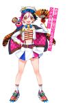  1girl :d amemura_neri animal_ears animal_hat animal_print belt beret black_hair blue_bow bow braid braided_bangs denonbu earrings fake_animal_ears folding_fan full_body gloves gold_trim hachimaki hair_between_eyes hair_ornament hairpin hand_fan hand_on_own_hip hand_up hat headband holding holding_fan jacket jacket_on_shoulders jewelry long_sleeves looking_at_viewer midriff miniskirt multicolored_hair octopus official_art open_mouth orange_eyes paper_fan pink_belt pink_hair pleated_skirt red_gloves second-party_source shoes short_hair skirt smile smiley_face sneakers socks solo standing star_(symbol) star_earrings takoyan_(denonbu) tiger_print translation_request transparent_background two-tone_hair uchiwa v-shaped_eyebrows white_jacket white_skirt white_socks yamaguchi_chihiro 