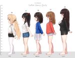  5girls ahoge arms_behind_back barefoot black_hair black_jacket black_shorts black_skirt blonde_hair blue_cardigan blue_eyes blush breasts brown_hair cardigan comodomodo denim denim_skirt dress faeryn_(comodomodo) from_side full_body green_eyes hair_bobbles hair_ornament height_chart highres jacket long_hair lulla_(comodomodo) miniskirt miu_(comodomodo) mother_and_daughter multiple_girls no_shoes orange_shirt original pantyhose pleated_skirt red_eyes shirt short_hair short_shorts shorts skirt sol_(comodomodo) standing thighs twintails white_dress white_pantyhose white_shirt white_skirt 