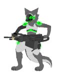 4_eyes anthro barefoot biped c.a.m. canid canine canis claws claws_out cybernetic_arm cybernetic_hand cybernetic_limb cybernetics digital_drawing_(artwork) digital_media_(artwork) digitigrade feet finger_claws fingers fluffy fluffy_ears fluffy_tail fur glowing glowing_body glowing_eyes green_body green_eyes grey_body grey_fur gun hair handgun hi_res holding_object holding_ranged_weapon holding_weapon jackal kac_chainsaw knight&#039;s_armament_company kytcrafts light_machine_gun lmg_(weapon) machine machine_gun male mammal metal metallic_body military multi_eye neck_tuft pistol_holster prosthetic prosthetic_arm prosthetic_hand prosthetic_limb protogen protogen_armor protogen_face protogen_visor protogenized ranged_weapon revolver robotic robotic_arm robotic_hand robotic_limb screen screen_face smile solo solo_focus special_forces standing tail toe_claws toes tuft weapon yuri_chacal
