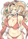  1girl bikini blonde_hair blue_eyes blush breasts commentary_request covered_nipples eyewear_on_head flower gorirago granblue_fantasy hair_flower hair_ornament highres large_breasts looking_at_viewer medium_hair o-ring o-ring_bikini o-ring_top open_mouth red_bikini red_flower side-tie_bikini_bottom simple_background smile solo sunglasses swimsuit thighs twintails white_background zeta_(granblue_fantasy) zeta_(summer)_(granblue_fantasy) 