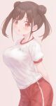  :o blush breasts brown_hair double_bun gameso gym_shirt gym_uniform hair_bun highres idolmaster idolmaster_shiny_colors large_breasts looking_at_viewer name_tag pants red_eyes red_pants shirt short_sleeves simple_background sonoda_chiyoko twintails white_shirt 