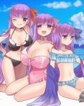  3girls bare_shoulders bb_(fate) bikini black_bikini blue_eyes blush bow breasts choker claws cleavage collarbone fate/extra fate/extra_ccc fate/grand_order fate_(series) frilled_bikini frills hair_ribbon hotaru_(candy) huge_breasts large_breasts long_hair looking_at_viewer meltryllis_(fate) multiple_girls navel one-piece_swimsuit one_eye_closed passionlip_(fate) pink_eyes pink_ribbon purple_eyes purple_hair ribbon side-tie_bikini_bottom small_breasts smile string_bikini swimsuit thighs very_long_hair 