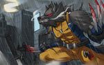  belt blood cityscape claws cosplay dog_tags exaxuxer full_moon injury kunai league_of_legends marvel moon multiple_boys ninja rain red_eyes solo_focus spandex sword teeth torn_clothes warwick weapon werewolf wolf wolverine x-men 