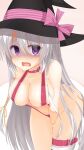  1girl ayachi_nene bare_arms bare_shoulders belt belt_bra between_legs black_hat blush bow braid breasts choker cleavage clip_studio_paint_(medium) collarbone colored_eyelashes commentary covering_crotch covering_privates cowboy_shot curvy embarrassed empty_eyes eyes_visible_through_hair foreshortening frown grey_hair groin hair_between_eyes hair_ribbon hand_between_legs hat hat_bow highres implied_masturbation large_breasts leaning_forward long_hair looking_at_viewer makochan42 medium_breasts navel no_panties nose_blush open_mouth pink_belt pink_bow purple_eyes ribbon sanoba_witch scared shaded_face shiny_skin simple_background single_thighhigh skindentation solo straight_hair thigh_gap thighhighs thighs twin_braids variant_set very_long_hair wavy_mouth white_background witch_hat yellow_ribbon 