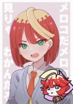  1girl blonde_hair collared_shirt freckles green_eyes jacket looking_at_viewer mela_(pokemon) mizuiro123 multicolored_hair naranja_academy_school_uniform necktie open_mouth partially_unzipped pokemon pokemon_sv red_hair school_uniform shirt short_hair two-tone_hair upper_body zipper_pull_tab 