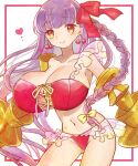  1girl bikini blush bow breasts cherry_earrings claws cleavage earrings fate/extra fate/extra_ccc fate/grand_order fate_(series) food-themed_earrings frilled_bikini frills hair_ribbon highres hotaru_(candy) huge_breasts jewelry long_hair looking_at_viewer passionlip_(fate) pink_eyes pink_ribbon purple_hair ribbon smile solo swimsuit very_long_hair 