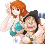  1boy 1girl between_breasts breasts cleavage earrings face_between_breasts grin hat head_between_breasts highres hug jewelry long_hair looking_at_viewer nami_(one_piece) non-web_source one_eye_closed one_piece orange_hair smile usopp v 