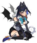  1girl :p bat_wings black_gloves black_thighhighs blue_bow blue_eyes blue_footwear blue_hair blue_ribbon blush bow bow_earrings breasts chain chain_headband cleavage_cutout clothing_cutout collar detached_sleeves earrings eus_ing gloves hair_intakes headband hololive hololive_english jewelry kronie_(ouro_kronii) large_breasts micro_shorts miniskirt ouro_kronii ouro_kronii_(1st_costume) ribbon shirt shoes short_hair shorts sitting skirt sleeveless sleeveless_shirt thighhighs tongue tongue_out underboob veil virtual_youtuber wariza wings 