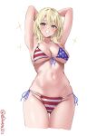  1girl american_flag american_flag_bikini american_flag_print armpits arms_behind_head arms_up artist_name bikini blonde_hair braid breasts colorado_(kancolle) commentary_request cowboy_shot crown_braid ebifurya flag_print front-tie_bikini_top front-tie_top highres kantai_collection large_breasts looking_at_viewer navel one-hour_drawing_challenge short_hair side-tie_bikini_bottom simple_background skindentation smile solo sparkle stomach swimsuit twitter_username white_background 