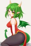 2024 asian_clothing ayatori black_clothing black_legwear black_pantyhose blush blush_lines breasts butt chinese_clothing chinese_dress clothed clothing digital_media_(artwork) draco_centauros dragon_tail dragon_wings dress east_asian_clothing female green_eyes green_hair hair hi_res horn humanoid legwear looking_at_viewer open_mouth pantyhose reptile_tail simple_background sitting solo tail white_background wings