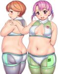  2girls arm_behind_back blush breasts brown_eyes cameltoe cleavage_cutout clothing_cutout commentary_request cowboy_shot from_side highres looking_at_viewer median_furrow medium_breasts medium_hair multiple_girls navel open_mouth orange_hair original orizen pig pink_hair plump purple_eyes short_hair sideways_mouth simple_background tareme thick_arms thick_thighs thighs twintails white_background 