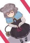  1girl animal_ears basket black_dress black_footwear blue_capelet capelet commentary_request dress full_body grey_hair highres jewelry kakone looking_at_viewer mouse mouse_ears mouse_girl mouse_tail nazrin pendant red_eyes short_hair socks standing tail touhou white_socks 