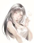  1girl absurdres adjusting_hair black_hair breasts cleavage closed_mouth duoj_ji final_fantasy final_fantasy_vii hand_up heart highres large_breasts looking_at_viewer red_eyes shirt simple_background smile solo tifa_lockhart upper_body white_background white_shirt 