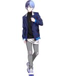  1boy aoyagi_touya black_shirt blue_hair blue_jacket dark_blue_hair full_body grey_eyes grey_pants highres jacket jewelry male_focus mole mole_under_eye multicolored_hair necklace non-web_source official_art pants project_sekai shirt short_hair solo split-color_hair tachi-e torn_clothes torn_pants transparent_background two-tone_hair white_footwear 