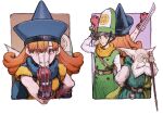  1girl 2boys alena_(dq4) arms_up beard belt blue_hat border brey buttons claw_(weapon) clift closed_mouth commentary_request dragon_quest dragon_quest_iv facial_hair gloves green_hat grin hat highres holding holding_staff iwamoto_tatsurou mitre multiple_boys old old_man orange_eyes orange_hair outside_border red_gloves smile staff sword sword_on_back teeth weapon weapon_on_back white_border white_hair witch_hat 