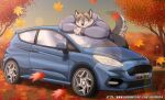 2024 anthro autumn autumn_leaves big_breasts blue_eyes bottomwear breasts canid canine canis car clothed clothing digital_media_(artwork) female ford ford_fiesta fur grey_body grey_fur hi_res leaf license_plate mammal multicolored_body multicolored_fur overweight overweight_anthro overweight_female pants solo sophia_(xxsparcoxx) street_lamp sweater topwear two_tone_body two_tone_fur vehicle wolf xxsparcoxx