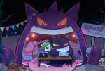 absol apple bed bed_sheet black_sky bobo_(bobo_77s) cooking_pot cyndaquil eating food fruit gardevoir gengar ghost gigantamax_gengar green_hair grin highres joy-con nintendo_switch nintendo_switch_lite playing_games pokemon pokemon_(creature) pokemon_mystery_dungeon sign sky smile squirtle star_(symbol) table yes-no_pillow 