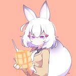  1girl animal_ears cross_(vgne4542) food fox_ears fox_girl fox_tail highres looking_at_viewer pancake phase_connect short_hair simple_background solo tail tenma_maemi tenma_maemi_(1st_costume) virtual_youtuber white_hair 