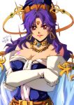  1girl akane_kazami bare_shoulders breasts cape celine_jules cleavage closed_mouth crossed_arms dated earrings elbow_gloves facial_mark forehead_mark gloves hat heart heart_tattoo highres jewelry lipstick long_hair looking_at_viewer makeup pointy_hat purple_hair simple_background smile solo star_ocean star_ocean_the_second_story tattoo white_background 