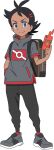  1boy absurdres backpack bag black_hair black_pants blue_eyes brown_bag closed_mouth eyelashes flipped_hair full_body goh_(pokemon) grey_footwear grey_shirt hand_in_pocket happy high_collar highres holding holding_phone male_focus official_art pants phone pokemon pokemon_(anime) pokemon_journeys red_socks rotom rotom_phone shirt shoes short_sleeves smile socks solo split_mouth standing transparent_background 
