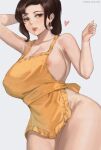  1girl apron breasts brown_eyes brown_hair collarbone drop_earrings earrings english_commentary highres jewelry large_breasts long_hair looking_at_viewer lsls mature_female naked_apron nipple_slip nipples paldea_mother parted_lips pokemon pokemon_sv ponytail simple_background solo twitter_username wide_hips yellow_apron 