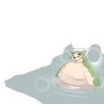 anthro bathing belly canid canine canis clothed clothing domestic_dog eyebrows fur green_body green_fur hot_spring lifewonders live_a_hero male mammal mokdai moobs overweight partially_submerged solo thick_eyebrows topless toto3_official towel towel_on_head water