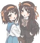  2girls black_jacket black_skirt blue_skirt bob_cut bow bowtie brown_bow brown_bowtie brown_eyes brown_hair clone hand_on_own_hip highres jacket kita_high_school_uniform kouyouen_academy_school_uniform long_hair looking_at_viewer looking_back multiple_girls nanonome school_uniform shirt short_hair skirt suzumiya_haruhi_no_shoushitsu suzumiya_haruhi_no_yuuutsu very_long_hair white_background white_shirt 