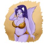 animal_print anthro belly big_breasts bra breasts cleavage clothed clothing curled_hair felid feline female fur hair huge_breasts leopard_print lingerie looking_at_viewer mammal peterandwhitney purple_body purple_fur purple_hair slightly_chubby solo underwear whitney_(pnc) yellow_eyes