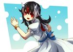  black_hair blush cheungchz dress fang horns kijin_seija multicolored_hair open_mouth puffy_sleeves red_eyes red_hair ribbon short_hair short_sleeves silver_hair simple_background smile solo streaked_hair touhou 