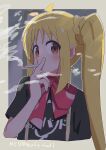  1girl absurdres ahoge artist_name black_shirt blonde_hair bocchi_the_rock! bow cigarette furugo-ri280 highres holding holding_cigarette ijichi_nijika long_hair looking_at_viewer looking_to_the_side one_side_up red_bow red_eyes shirt smoke smoking solo t-shirt 