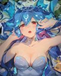  1girl bao_(vtuber) bao_(vtuber)_(1st_costume) bare_arms bare_shoulders blue_dress blue_hair blurry blurry_foreground blush breasts choker cleavage collarbone commentary dress english_commentary fish highres indie_virtual_youtuber kelp large_breasts liquid_hair long_hair looking_at_viewer lying monosucre on_back open_mouth red_eyes solo strapless strapless_dress teeth tongue underwear upper_teeth_only virtual_youtuber 