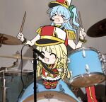  &gt;_&lt; 2girls ^_^ band_uniform bang_dream! black_wrist_cuffs blonde_hair blue_hair blunt_bangs blunt_ends blush_stickers chibi closed_eyes double-parted_bangs drum drum_set drumsticks epaulettes green_ribbon hair_ribbon hat headset instrument light_blue_hair long_hair matsubara_kanon multiple_girls music one_side_up open_mouth opi photo_background playing_instrument red_footwear red_hat red_vest ribbon shako_cap singing tearing_up tsurumaki_kokoro vest wavy_hair wavy_mouth wrist_cuffs 